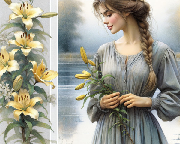 Portrait of a Young Woman by Calm Water with Lilies