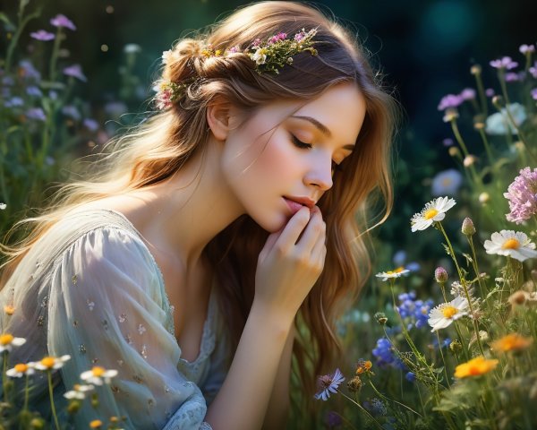 Young woman in wildflower field with soft sunlight