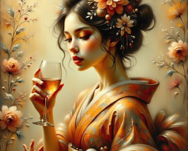 Portrait of a woman in a floral-patterned kimono