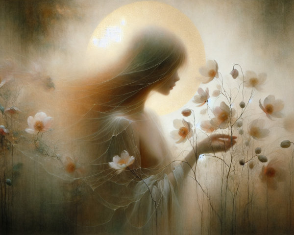 Silhouette of a Woman with Ethereal Flowers and Halo