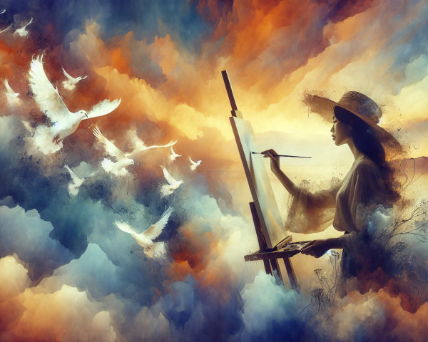 Silhouette of an artist painting in vibrant clouds
