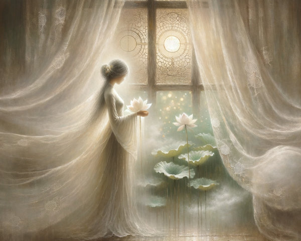 Graceful Woman by Window with Lotus Flower and Garden