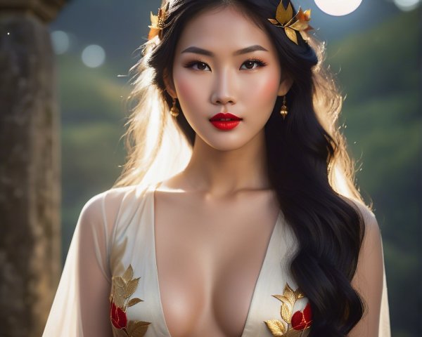 Portrait of a woman with black hair and golden leaves