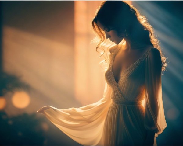 Ethereal Woman in Flowing Gown and Soft Light
