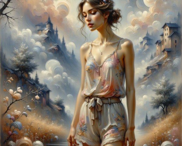 Young Woman in Floral Romper by Tranquil Landscape