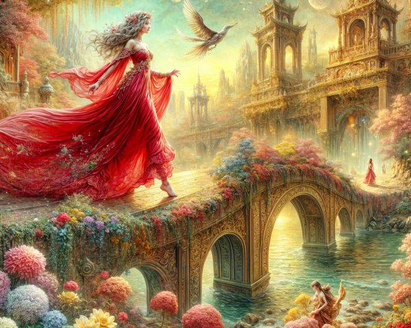 Fantastical landscape with a woman in a red gown