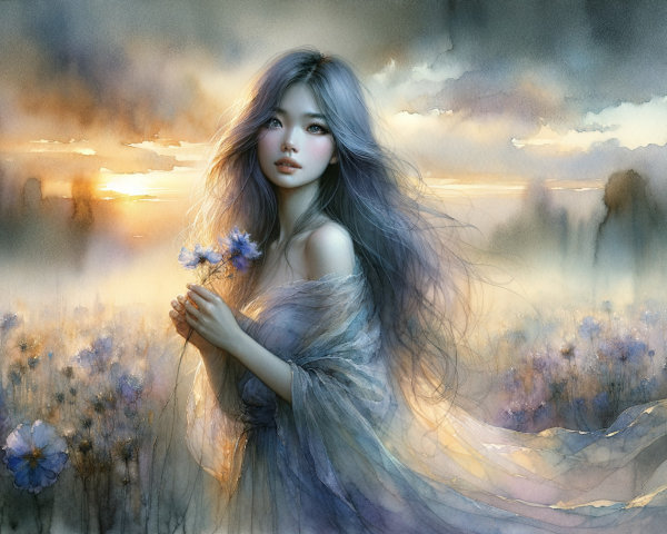 Young woman in a flower field at sunset