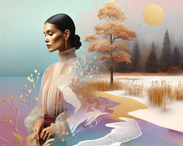 Woman in Flowing Blouse Surrounded by Nature and Abstracts