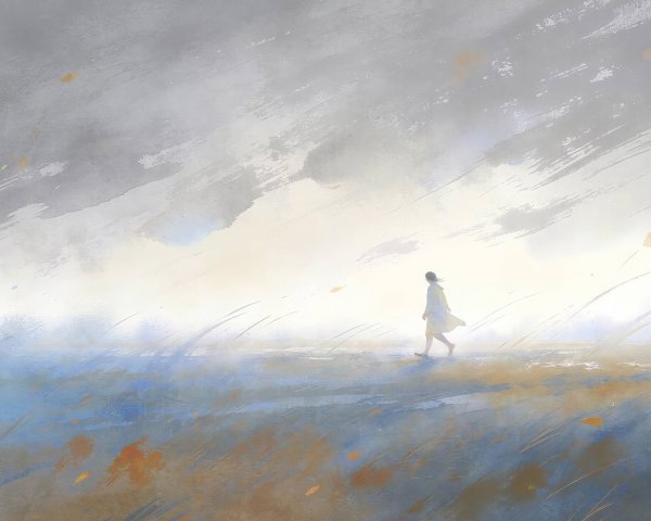 Watercolor digital painting of a figure in landscape