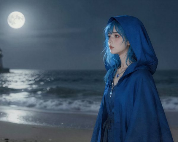 Young woman in blue attire on a moonlit beach