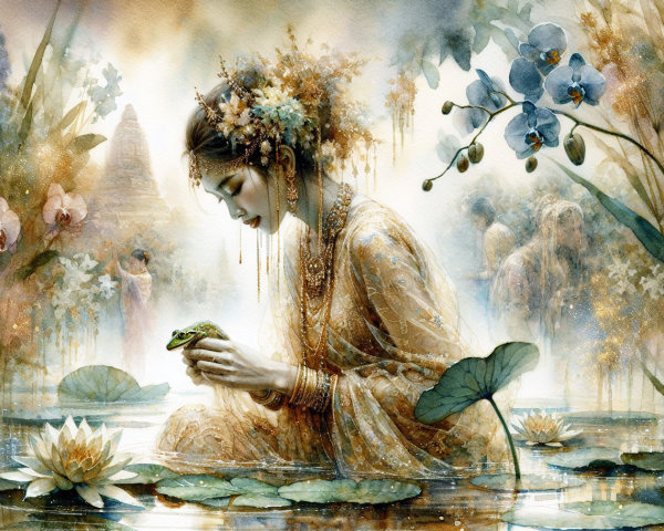 Woman in Golden Gown by Tranquil Pond with Lotus Flowers