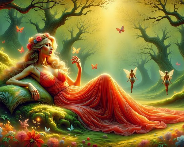 Blonde Fairy in Orange Dress Among Butterflies in Forest