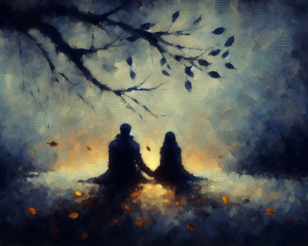 Tranquil Scene of Two Figures by Glowing Water