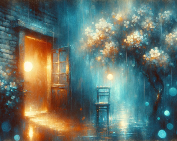 Serene Doorway in Rain-Soaked Landscape with Blossoms