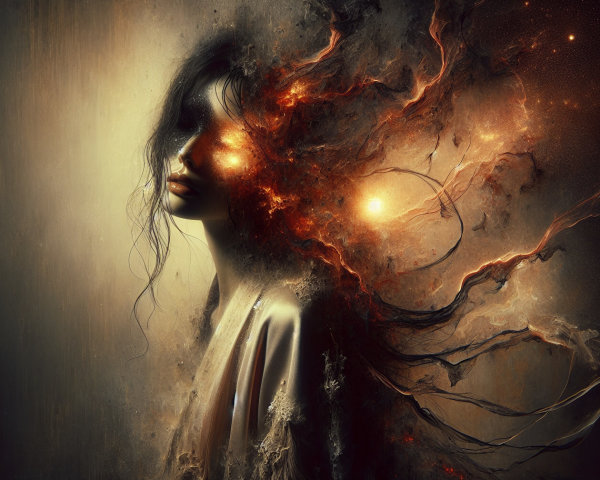 Surreal Portrait of Woman Merging with Cosmic Elements