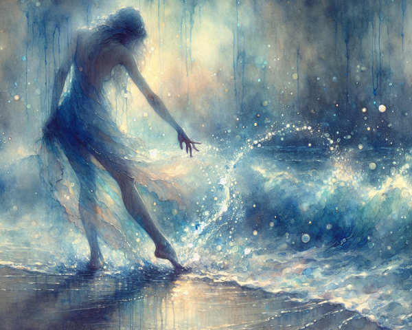 Ethereal Figure at Serene Shoreline with Soft Waves