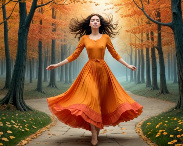 Autumn Forest Scene with Young Woman in Orange Dress