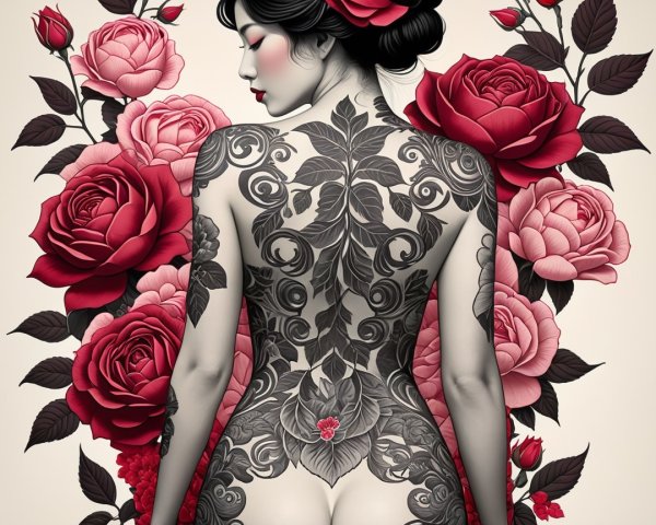 Woman with Tattoos Surrounded by Red Roses