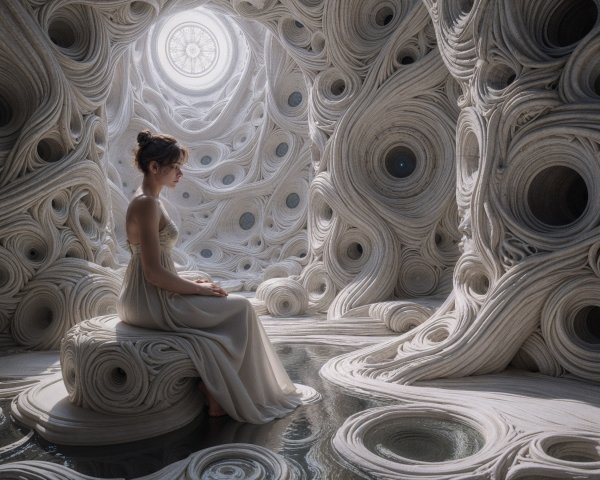 Serene Woman in Gown Amidst Dreamlike Setting