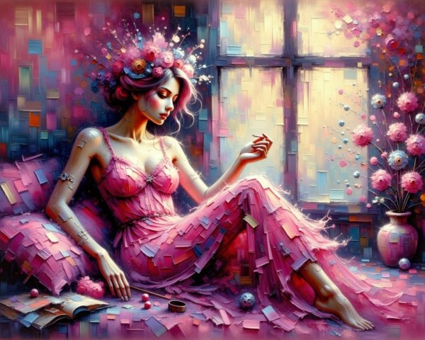 Serene Woman in Floral Pink Garments by Window