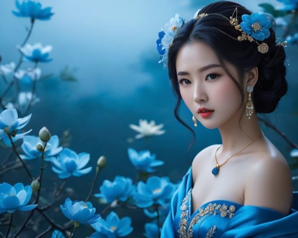 Elegant figure in blue gown with floral backdrop