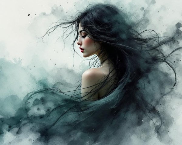 Serene Woman with Black Hair and Ethereal Background