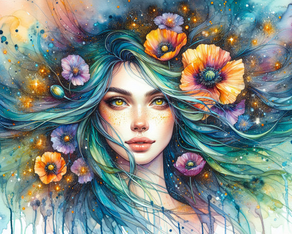 Ethereal Portrait of a Woman with Teal Hair and Flowers