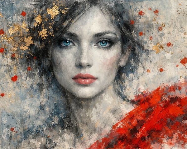 Oil Painting of Woman with Red Lips and Blue Eyes