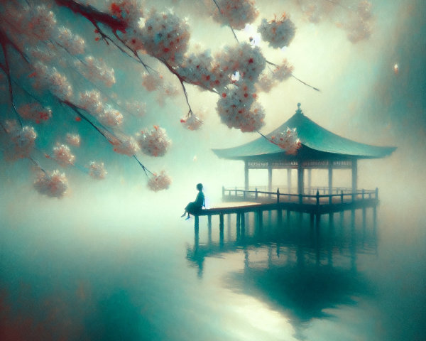 Traditional Pagoda Over Calm Waters with Cherry Blossoms