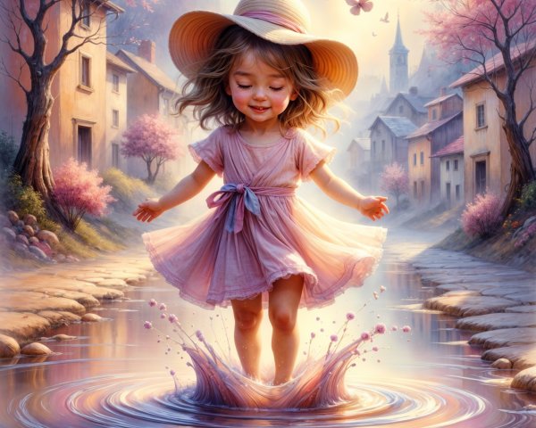 Joyful Girl in Pink Dress Splashes in Village Puddle
