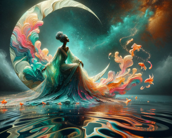 Whimsical Scene of a Figure on a Crescent Moon