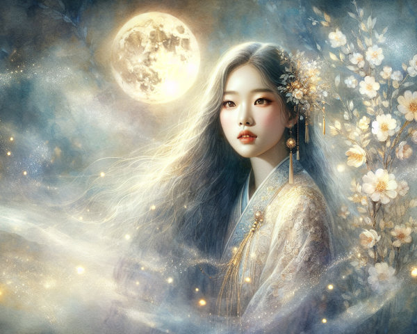 Serene Young Woman in Traditional Outfit with Moonlit Scene