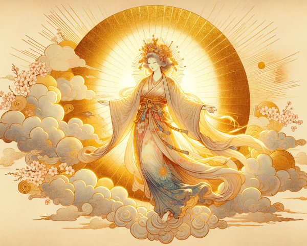 Celestial Figure in Elegant Robes Amidst Clouds