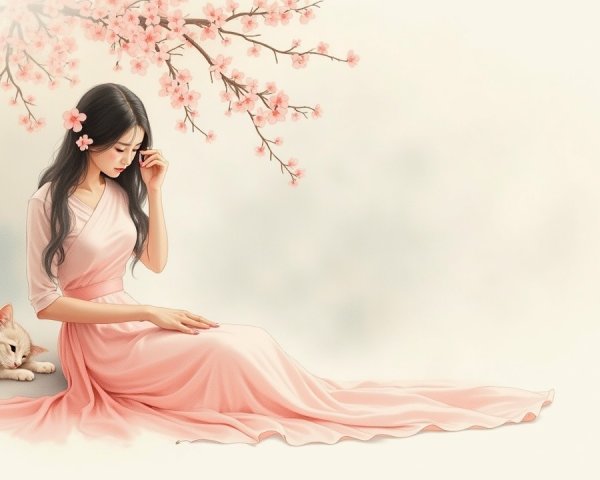 Young Woman in Pink Dress Surrounded by Cherry Blossoms