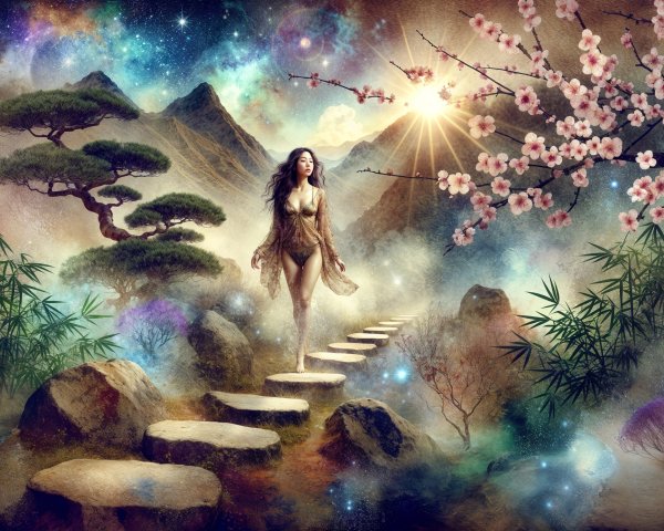 Serene Landscape with Woman on Stone Steps and Nature