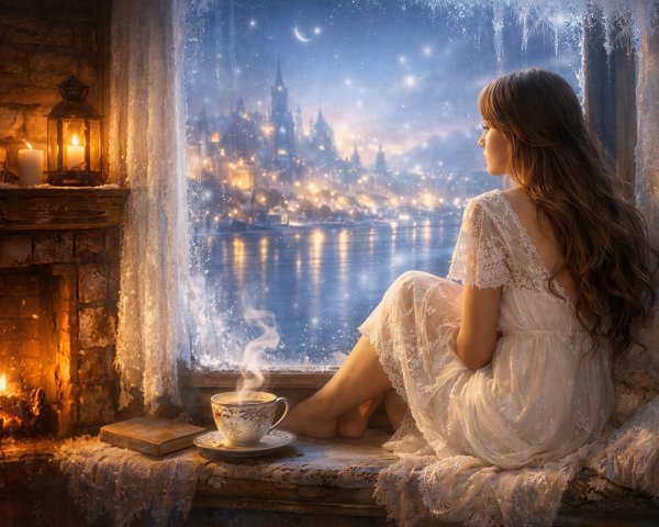 Cozy Room with Woman, Snowy Night and City View