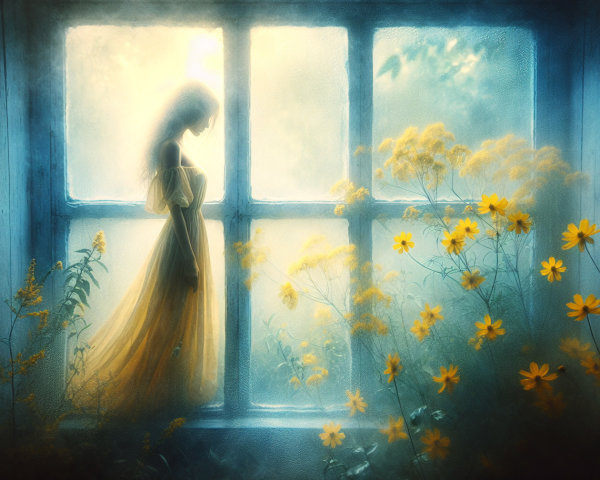 Silhouette of a Woman by a Window with Golden Flowers