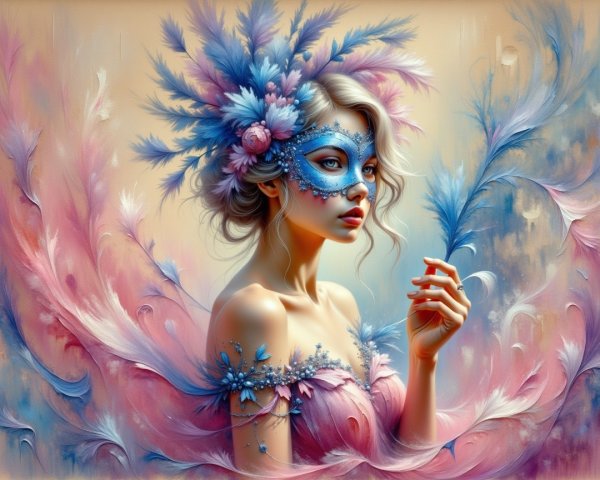 Woman in Colorful Masquerade Mask with Floral Accents