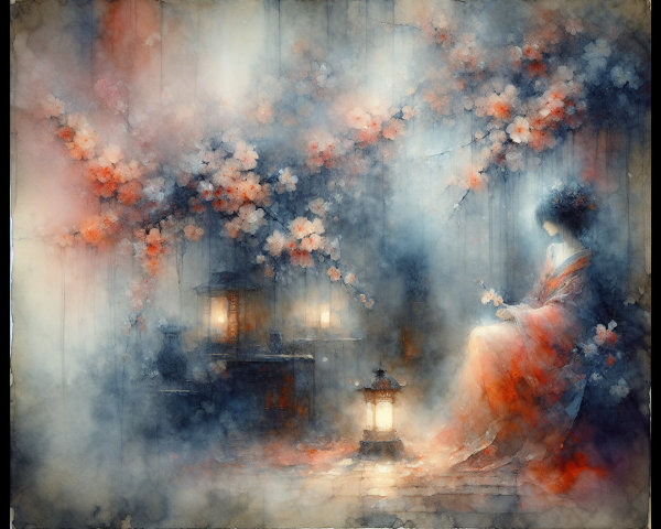Ethereal Scene of Woman in Red Kimono with Lanterns