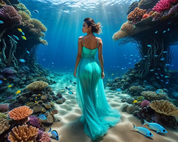 Underwater Scene with Woman in Turquoise Gown