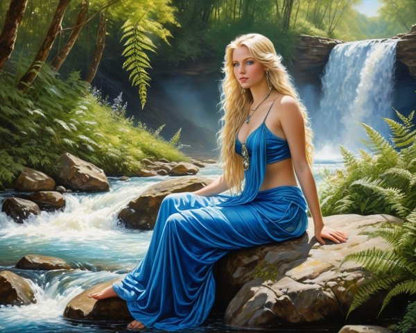 Serene Woman by Clear River and Majestic Waterfall