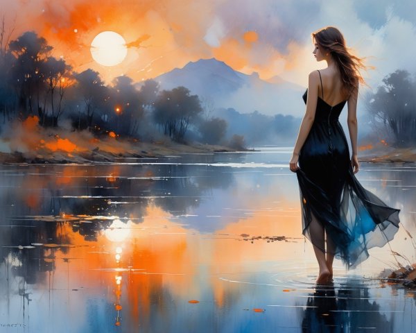Serene Dusk Scene with Woman in Black Dress