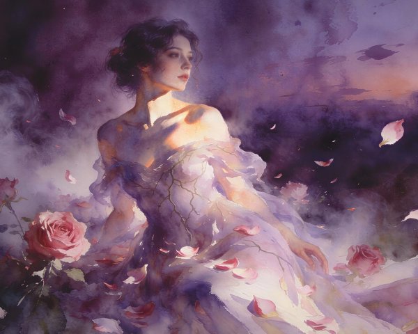 Elegant Woman in Off-the-Shoulder Gown Surrounded by Mist