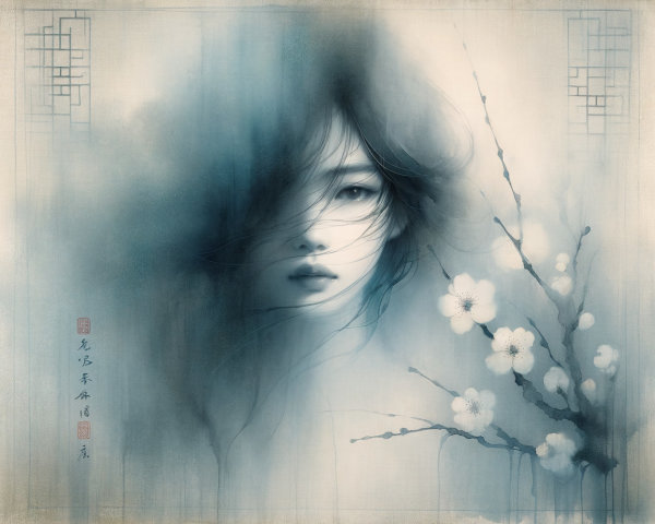 Ethereal Portrait of a Woman with Cherry Blossoms