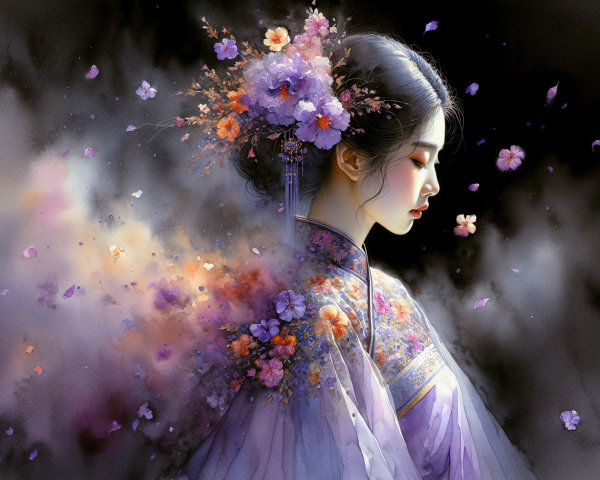 Serene Woman in Traditional Attire with Floral Headdress