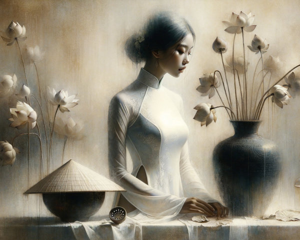Young Woman in White Ao Dai Surrounded by Lotus Flowers