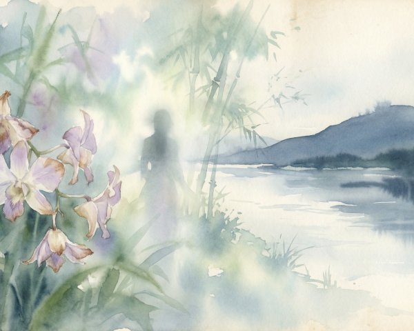 Watercolor Landscape with Orchids and Human Silhouette