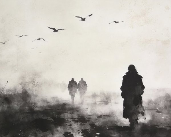Atmospheric Digital Painting with Monochrome Figures and Birds