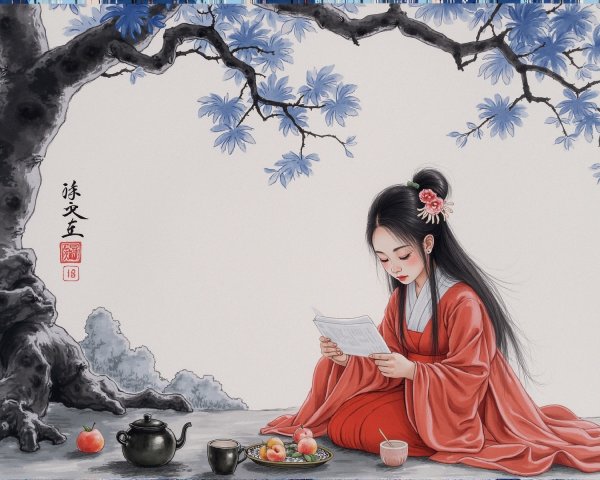 Serene Scene of a Woman Reading Under a Tree