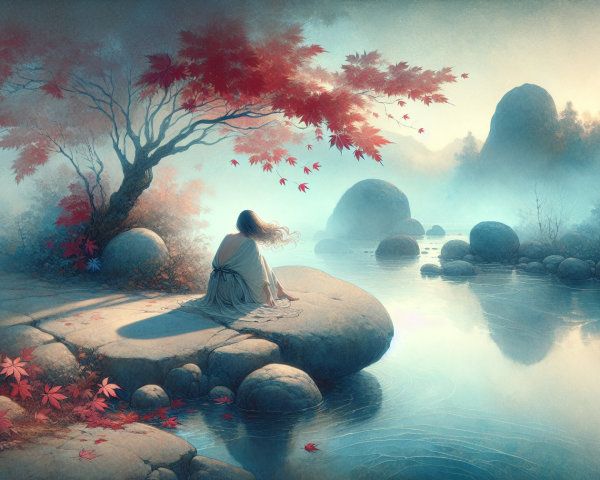 Tranquil Landscape with Autumn Leaves and Misty River